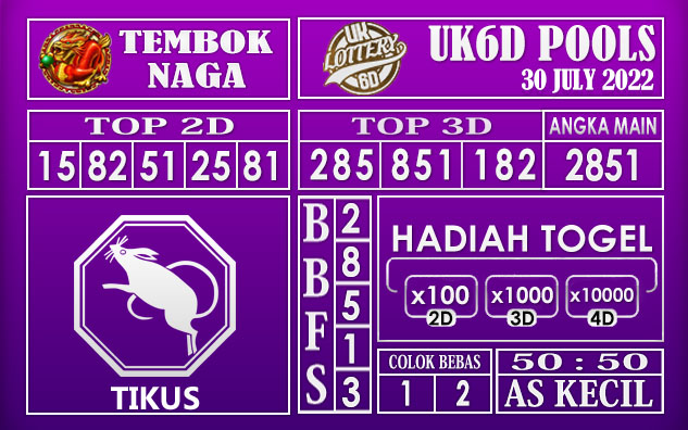 Prediksi Togel UK6D Hari Ini 30 July 2022